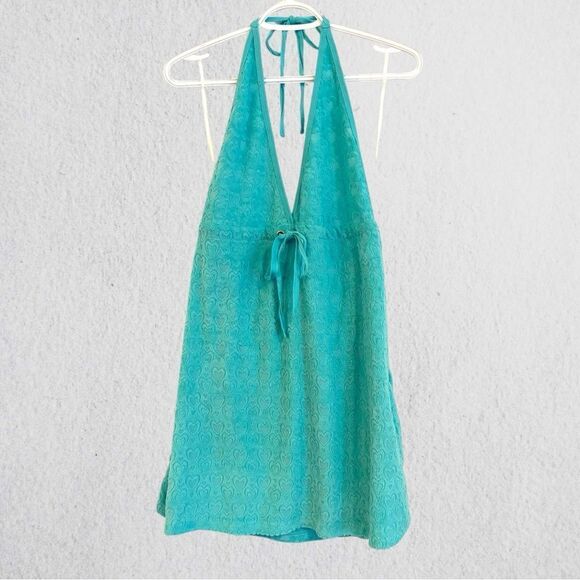 Y2K terrycloth halter turquoise mini dress swim cover - Picture 5 of 9